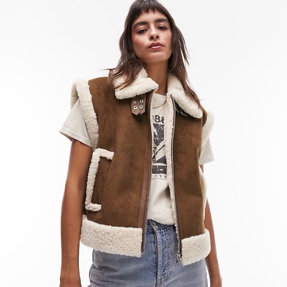 Topshop Jackets & Blazers - Topshop faux suede shearling oversized aviator vest in chocolate